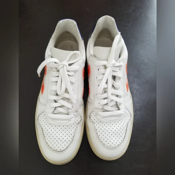 Veja Leather V-10 Sneakers Woman White N Orange Logo Sz 8 - Picture 3 of 14